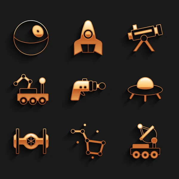 Set Ray gun, Great Bear constellation, Mars rover, UFO flying spaceship, Cosmic, Telescope and Planet icon. Vector — Stock Vector