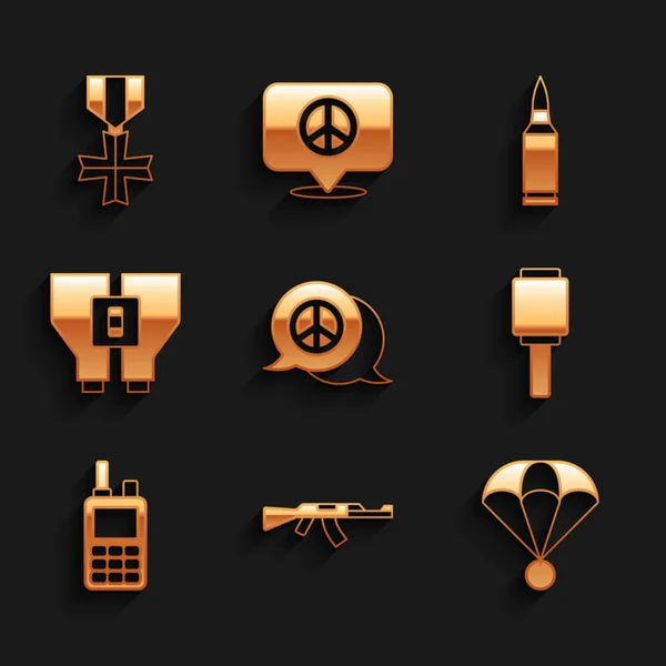 Set Peace, Submachine gun, Parachute, Anti-tank hand grenade, Walkie talkie, Binoculars, Bullet and Military reward medal icon. Vector — Stock Vector