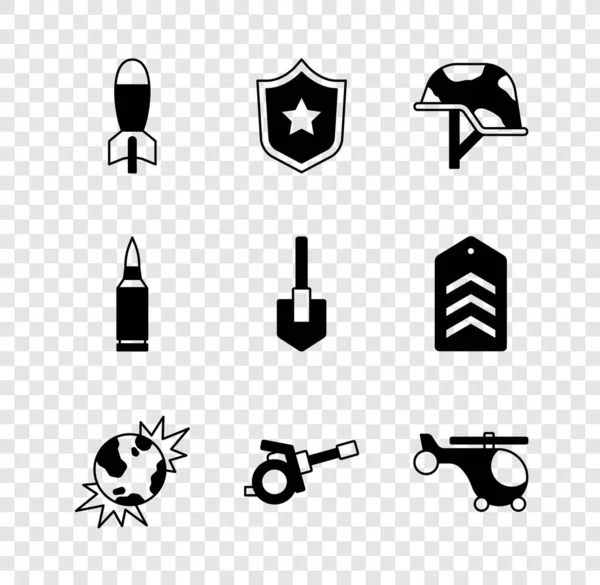Sätt raketgevär, polisbricka, militärhjälm, bomb explosiv planet jord, Howitzer, helikopter, kula och skyffel ikon. Vektor — Stock vektor