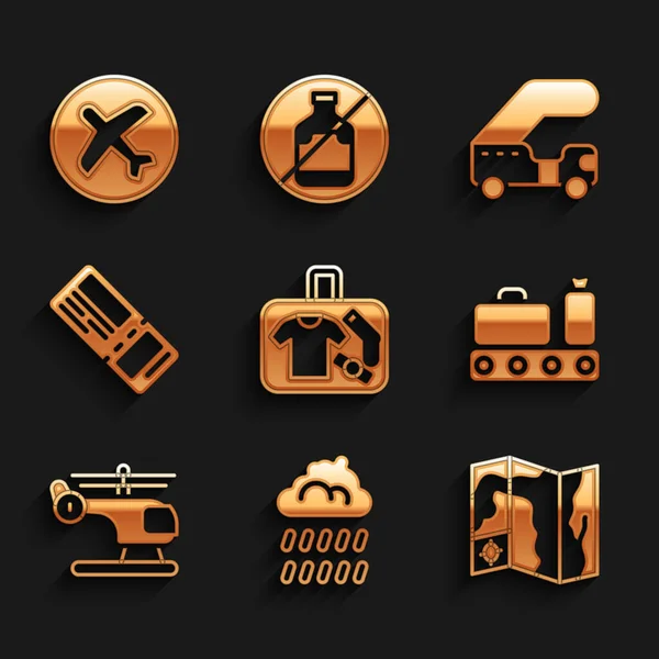 Set Suitcase, Cloud with rain, World travel map, Conveyor belt suitcase, Helicopter, Airline ticket, Passenger ladder and Plane icon. Vector — 스톡 벡터