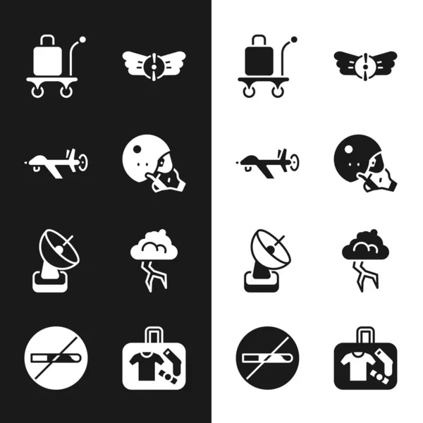 Современный пилотский шлем, беспилотник, сумка Тролли, авиация, радар, шторм, чемодан и значок "Курить запрещено". Вектор — стоковый вектор