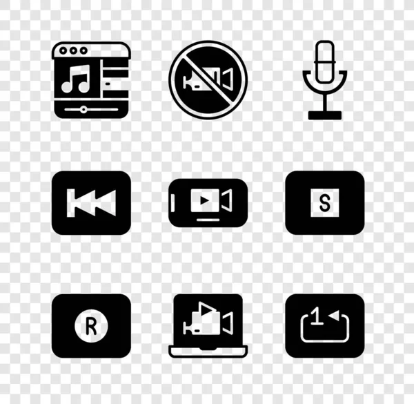 Set Lecteur de musique, Interdiction pas d'enregistrement vidéo, Microphone, Bouton d'enregistrement, En ligne, Répéter la musique de piste, Rewind et icône. Vecteur — Image vectorielle