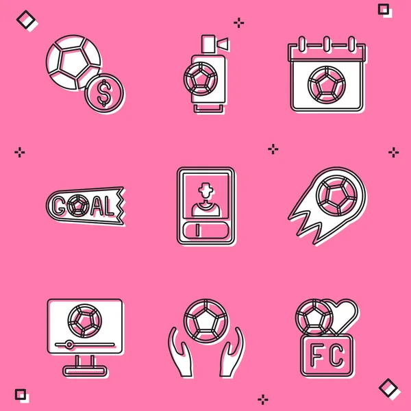 Set ballon de football, corne d'air, calendrier de football, objectif, carte, match à la télévision et icône. Vecteur — Image vectorielle