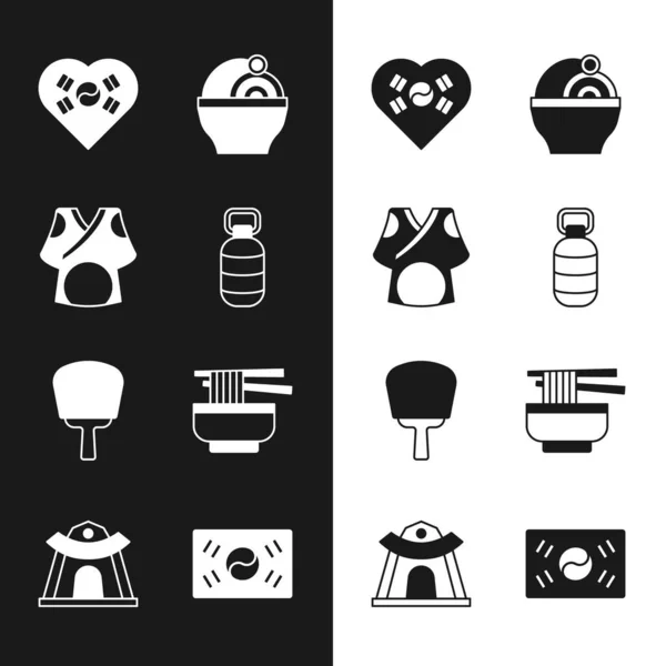 Set Linterna coreana, Kimono, Amor de corazón, Ramen, abanico de mano, Bandera del sur e icono del templo. Vector — Archivo Imágenes Vectoriales