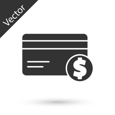 Gri kredi kartı ve dolar sembolü beyaz arka planda izole edilmiş. Çevrimiçi ödeme. Nakit çekilmesi. Finansal operasyonlar. Vektör İllüstrasyonu