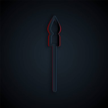 Kağıt kesiği Ortaçağ mızrak simgesi siyah arkaplanda izole edilmiş. Ortaçağ silahı. Kağıt sanatı tarzı. Vektör