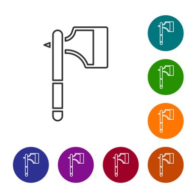 Siyah çizgi tahta balta simgesi beyaz arkaplanda izole edildi. Oduncu baltası. Simgeleri renk daire düğmelerine ayarla. Vektör