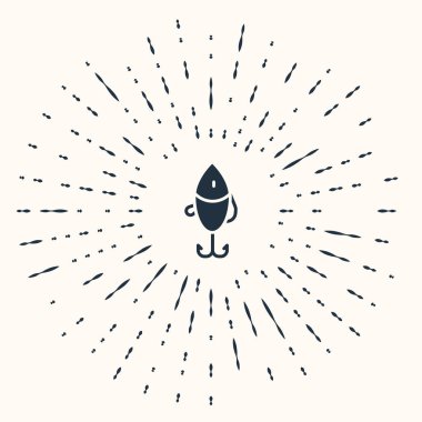 Gri balık yemi ikonu bej arka planda izole edildi. Balık oltası. Soyut çember rastgele noktalar. Vektör