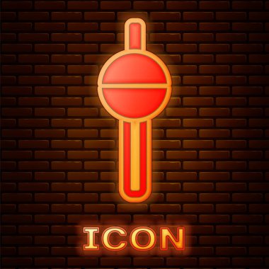 Parlayan neon balıkçılığı ikonu tuğla duvar arkasında izole edilmiş. Balık oltası. Vektör
