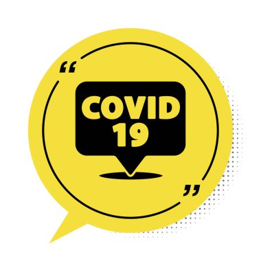 Siyah Corona virüsü 2019-nCoV beyaz arka planda izole edilmiş konum simgesi üzerinde. Bakteri ve mikroplar, hücre kanseri, mikrop, mantar. Sarı konuşma balonu sembolü. Vektör.