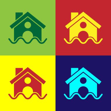 Pop Art House sel ikonu renk arkaplanında izole edildi. Suyun altındaki evi sel basıyor. Sigorta konsepti. Güvenlik, güvenlik, koruma, konsepti koruma..