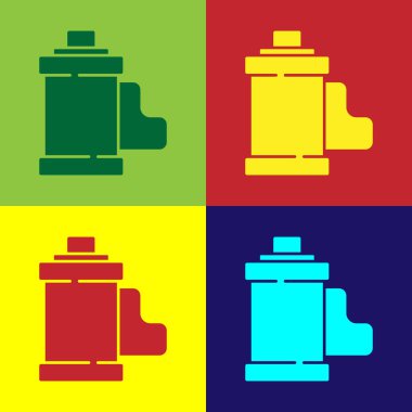 Pop Art Camera klasik film rulo kartuş ikonu renk arkaplan izole. 35 mm 'lik film kutusu. Film şeridi fotoğrafçı ekipmanı. Vektör