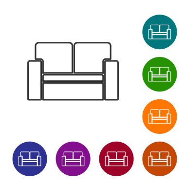 Siyah çizgi sinema koltuğu simgesi beyaz arkaplanda izole edildi. Simgeleri renk daire düğmelerine ayarla. Vektör