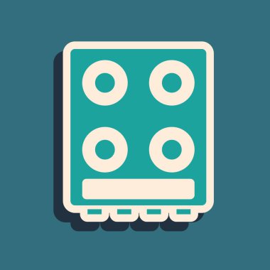 Yeşil gaz soba ikonu yeşil arka planda izole edildi. Mutfak tabelaları. Dört daire ocağı olan bir hob. Uzun gölge tarzı. Vektör