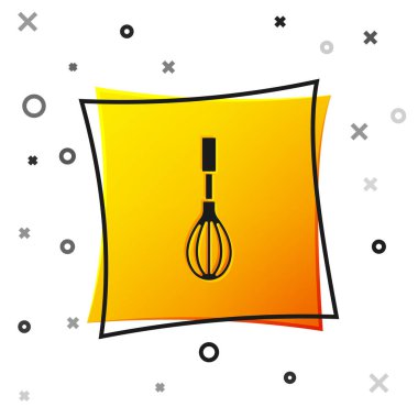 Siyah Mutfak çırpma simgesi beyaz arkaplanda izole edildi. Mutfak aletleri, yumurta çırpıcı. Çatal bıçak seti. Yemek karışımı sembolü. Sarı kare düğme. Vektör