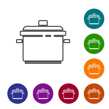Beyaz arkaplanda siyah çizgili tencere ikonu izole edilmiş. Haşlama ya da güveç besin sembolü. Simgeleri renk daire düğmelerine ayarla. Vektör