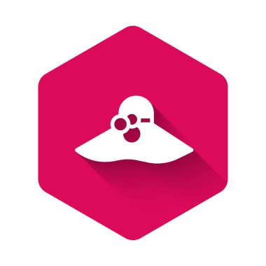 Uzun gölgeli beyaz kadın şapka ikonu. Pembe altıgen düğmesi. Vektör