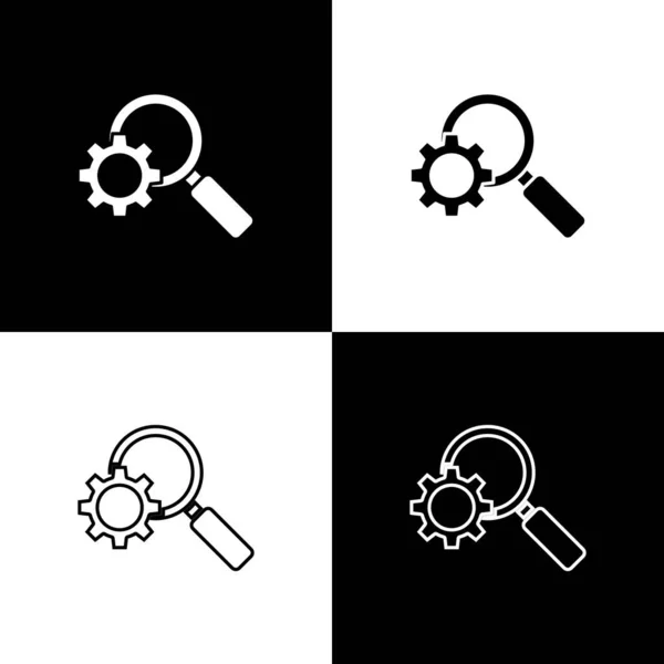 Set Icono de lupa y engranaje aislado sobre fondo blanco y negro. Herramienta de búsqueda. Símbolo de análisis empresarial. Ilustración vectorial — Archivo Imágenes Vectoriales