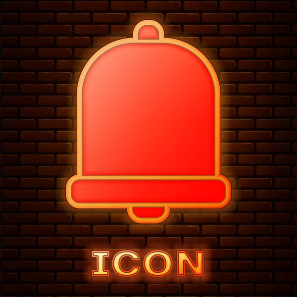 Glödande neon kyrka klocka ikon isolerad på tegel vägg bakgrund. Larmsymbol, service klocka, handbell tecken, anmälan symbol. Vektor Illustration — Stock vektor