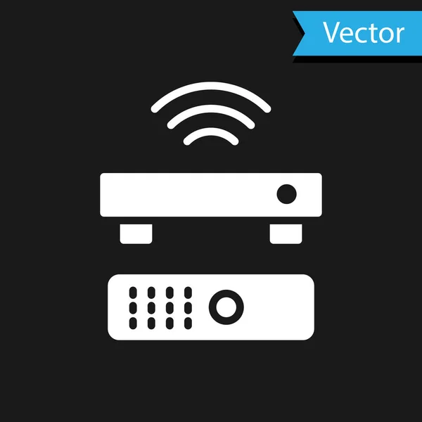 Receptor e leitor de caixa de TV e multimídia sem fio branco com ícone de controlador remoto isolado em fundo preto. Vetor — Vetor de Stock