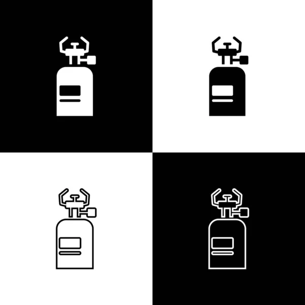 Set Icono de estufa de gas acampada aislado sobre fondo blanco y negro. Quemador de gas portátil. Senderismo, equipo de camping. Vector — Archivo Imágenes Vectoriales