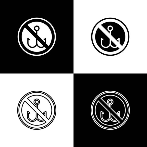 Set Aucune icône de pêche isolée sur fond noir et blanc. Signe d'interdiction. Vecteur — Image vectorielle