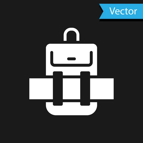 Bílý turistický batoh ikona izolované na černém pozadí. Táboření a poznávání hor batohem. Vektor — Stockový vektor