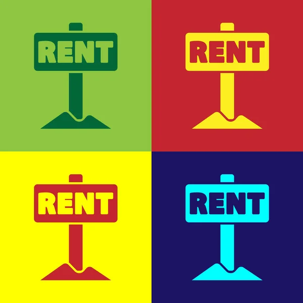 Pop art Hanging sign with text Rent icon isolated on color background. Signboard with text For Rent. Vector — Stock Vector