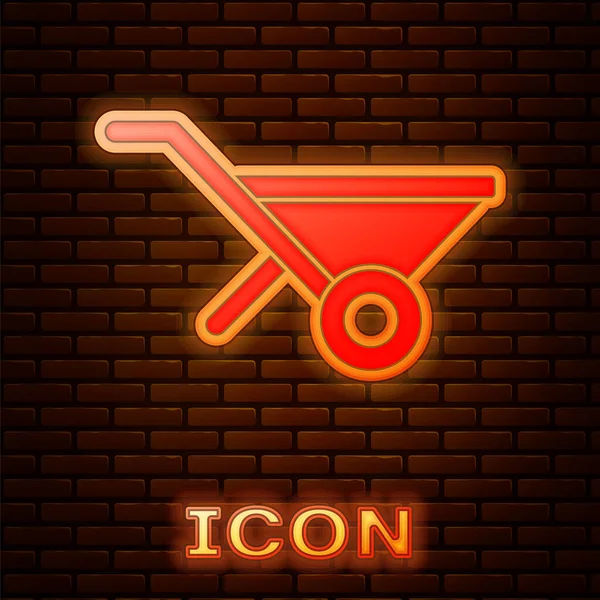 Zářící neon Kolečko ikona izolované na cihlové zdi pozadí. Nástrojové vybavení. Zemědělský vozík. Vektor — Stockový vektor