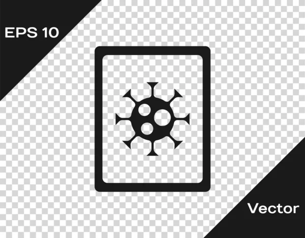 Estatísticas de vírus preto no ícone monitor isolado em fundo transparente. Vírus da Corona 2019-nCoV. Bactérias e germes, cancro das células, micróbios, fungos. Vetor. — Vetor de Stock