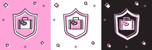 Σετ βαλίτσα ταξιδιού με το εικονίδιο ασπίδα απομονώνονται σε ροζ και λευκό, μαύρο φόντο. Ασφάλιση αποσκευών. Ασφάλεια, ασφάλεια, προστασία, προστασία. Διάνυσμα. — Διανυσματικό Αρχείο