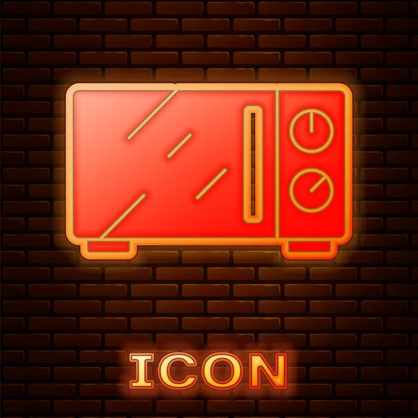 Glowing neon Microwave oven icon isolated on brick wall background. Home appliances icon. Vector — Stock Vector