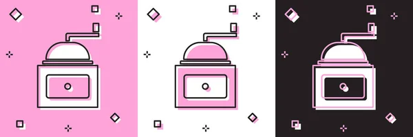 Set Moulin à café manuel icône isolée sur fond rose et blanc, noir. Vecteur — Image vectorielle