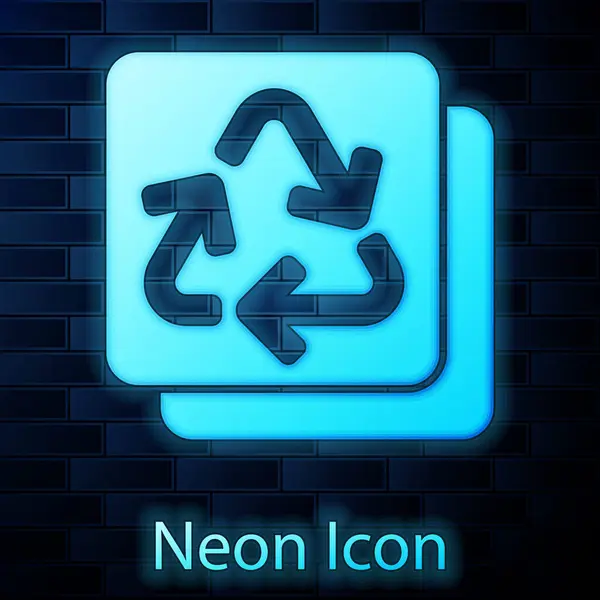 Glödande neon Återvinn symbol ikon isolerad på tegel vägg bakgrund. Cirkulär pil ikon. Miljö återvinningsbar gå grönt. Vektor — Stock vektor