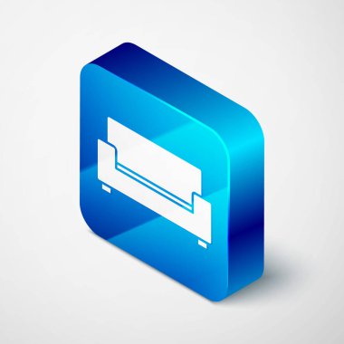 Gri arkaplanda Isometric Sofa simgesi izole edildi. Mavi kare düğme. Vektör