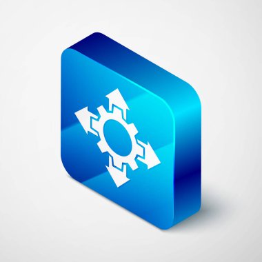 Isometric Project ekip taban simgesi gri arkaplanda izole edildi. İş analizi ve planlama, danışmanlık, takım çalışması, proje yönetimi. Mavi kare düğme. Vektör