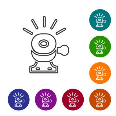 Siyah çizgi bisiklet çanı simgesi beyaz arkaplanda izole edildi. Simgeleri renk daire düğmelerine ayarla. Vektör