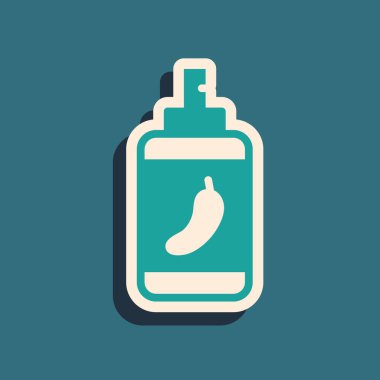 Yeşil biber gazı ikonu yeşil arkaplanda izole edilmiş. OC gazı. Capsicum nefsi müdafaa spreyi. Uzun gölge tarzı. Vektör