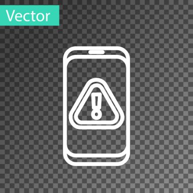 Saydam arkaplanda ünlem işareti simgesi olan beyaz çizgi cep telefonu. Uyarı mesajı akıllı telefon uyarısı. Vektör İllüstrasyonu