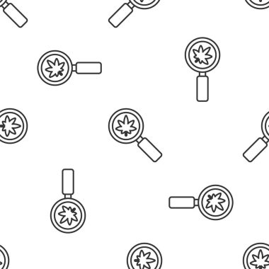 Gri çizgi büyüteç ve tıbbi marihuana ya da kenevir yaprağı ikonu beyaz arka planda izole edilmiş pürüzsüz desen. Kenevir sembolü. Vektör İllüstrasyonu