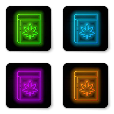 Beyaz arka planda parlayan neon çizgi Kitap ve marihuana veya kenevir yaprağı ikonu izole. Kenevir sembolü. Siyah kare düğme. Vektör İllüstrasyonu