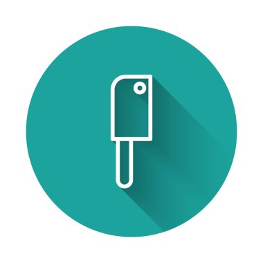 Beyaz çizgi Et Helikopteri simgesi uzun gölgeli izole edildi. Et için mutfak bıçağı. Kasap bıçağı. Yeşil daire düğmesi. Vektör İllüstrasyonu