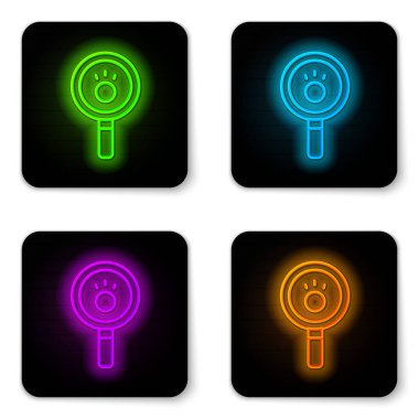 Parlayan neon hattı Paw arama simgesi beyaz arkaplanda izole edildi. Hayvan ayak izleri olan büyüteç. Siyah kare düğme. Vektör