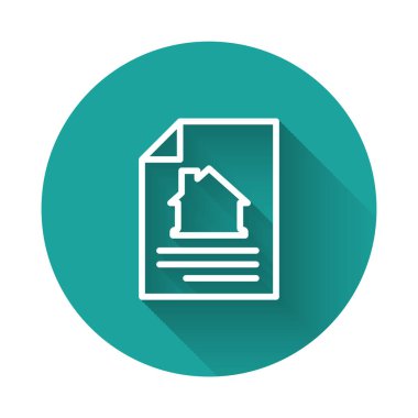 Beyaz Hat sözleşmesi ikonu uzun gölgeli izole edilmiş. Sözleşme oluşturma hizmeti, belge oluşumu, başvuru formu bileşimi. Yeşil daire düğmesi. Vektör