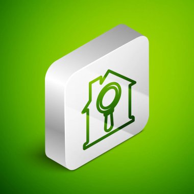 Isometric hattı Arama Evi simgesi yeşil arkaplanda izole edildi. Büyüteç altındaki bir evin emlak sembolü. Gümüş kare düğme. Vektör