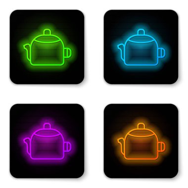 Beyaz arkaplanda izole edilmiş kabza simgesi olan parlak neon çizgisi Kettle. Çaydanlık ikonu. Siyah kare düğme. Vektör