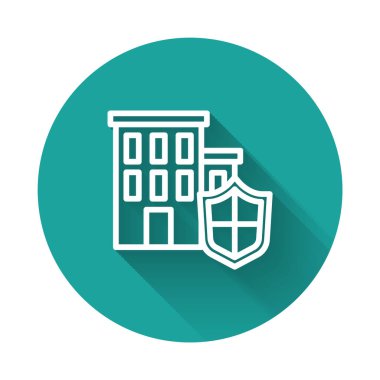 Beyaz Saray, uzun gölgeli bir simge ile izole edildi. Sigorta konsepti. Güvenlik, güvenlik, koruma, konsept koruma. Yeşil daire düğmesi. Vektör.