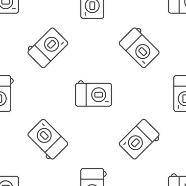 Beyaz arkaplanda siyah fotoğraf makinesi simgesi izole edildi. Fotoğraf makinesi simgesi. Sarı kare düğme. Vektör