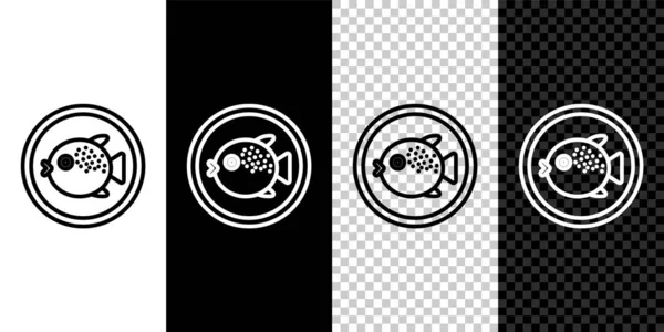 Establecer línea Peces globo en un icono de placa aislado sobre fondo blanco y negro. Fugu pescado pez globo japonés. Vector. — Vector de stock