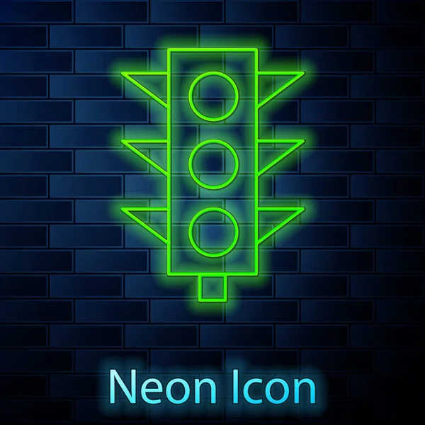 Gloeiende neon Traffic light icoon geïsoleerd op bakstenen muur achtergrond. Vector — Stockvector